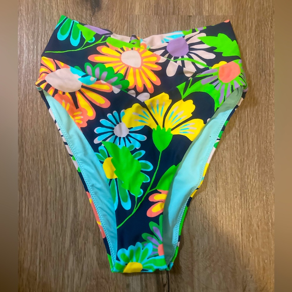 Aerie Crossover High Cut Cheeky Bikini Bottom Navy Floral XS NWT